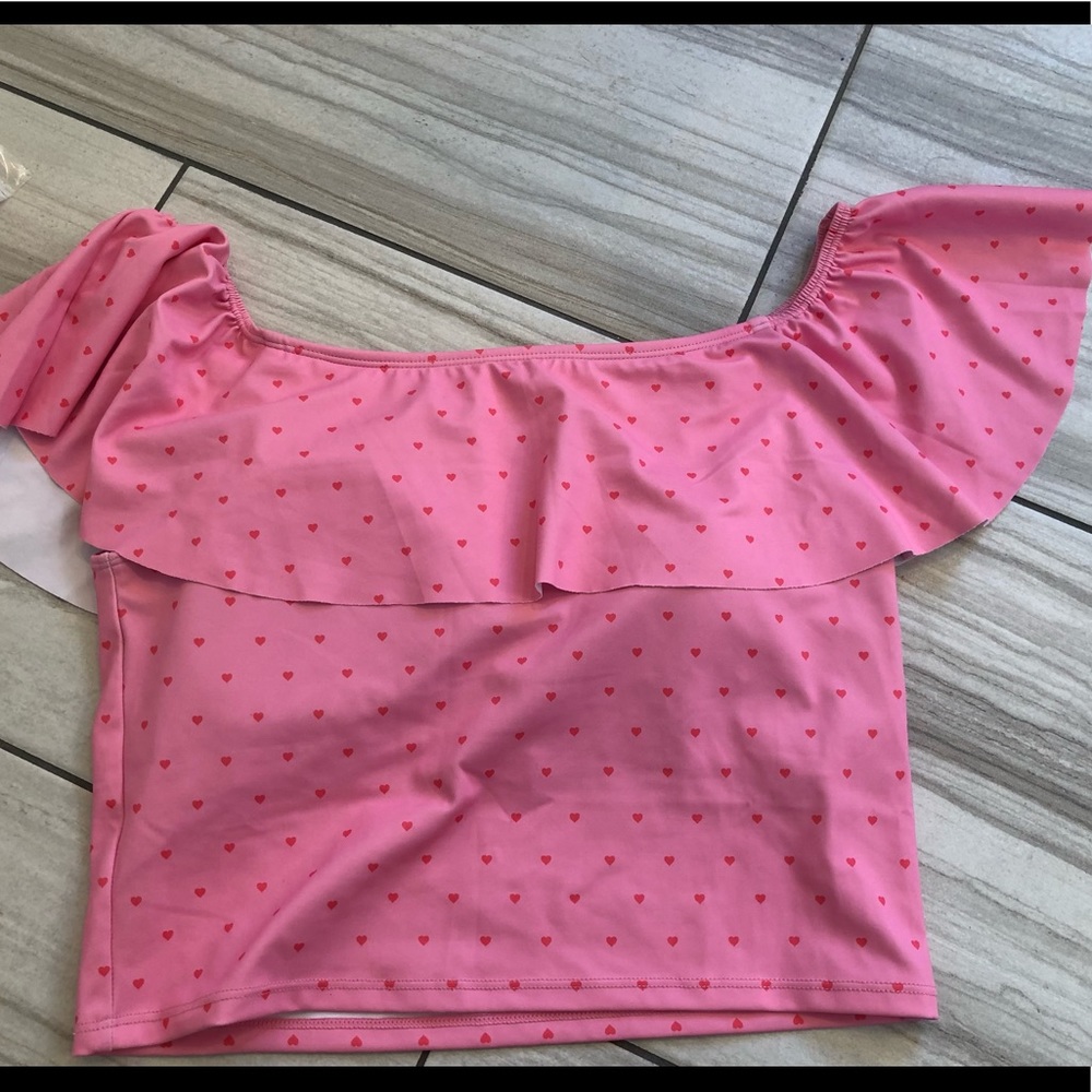 Kortnie Jean Ruffle Round  ‘Pink Hearts’ Swim Top